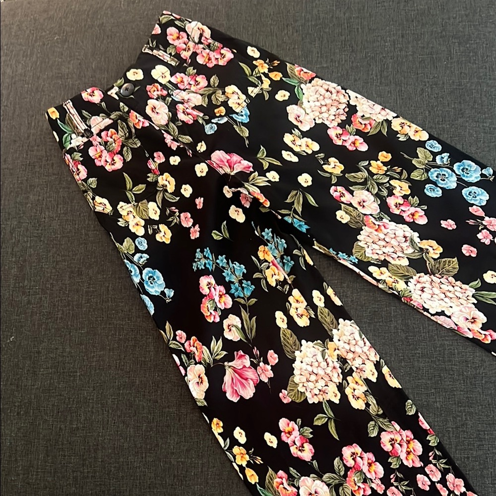 Anthropologie Maeve Black Floral Colette Wide-Leg Pants with Multicolor Blooms